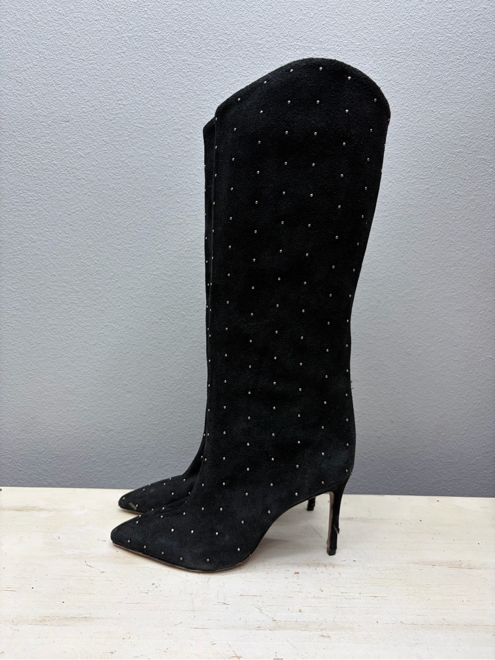 Schutz Black Suede Maryana Studded Tall Heel Boots Size 7.5
